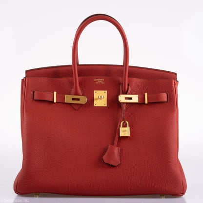 Hermes Birkin 35 HSS Rouge Vif Togo Brushed Gold Hardware - 2020, Y