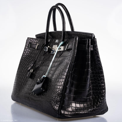 Hermes Birkin 40 Black Matte Porosus Crocodile Palladium Hardware