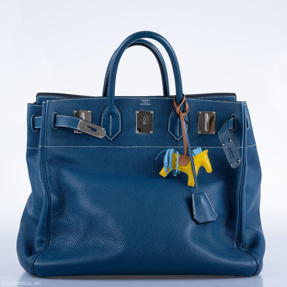 Hermes Birkin 40 HAC Blue Thalassa Togo & White Stitching Palladium Hardware - 2003, G Square