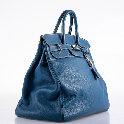 Hermes Birkin 40 HAC Blue Thalassa Togo & White Stitching Palladium Hardware - 2003, G Square