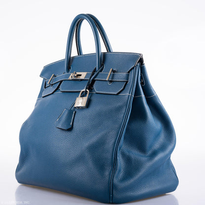 Hermes Birkin 40 HAC Blue Thalassa Togo & White Stitching Palladium Hardware - 2003, G Square