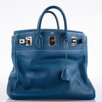 Hermes Birkin 40 HAC Blue Thalassa Togo & White Stitching Palladium Hardware - 2003, G Square