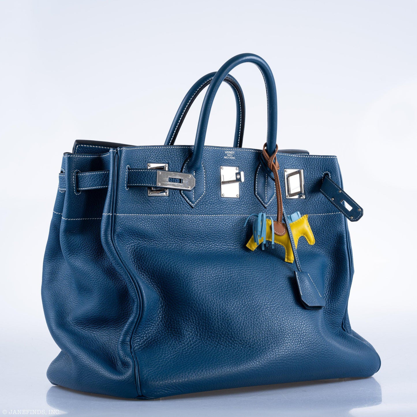 Hermes Birkin 40 HAC Blue Thalassa Togo & White Stitching Palladium Hardware - 2003, G Square