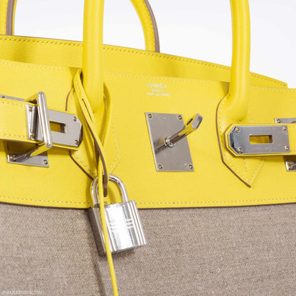 Hermes Birkin 40 HAC Lime & Ficelle Evercolor Toile De Camp Palladium Hardware