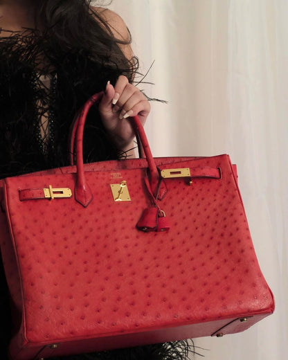 Hermes Birkin 40 Rouge Vif Ostrich with Gold Hardware - 1993, W Circle