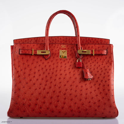 Hermes Birkin 40 Rouge Vif Ostrich with Gold Hardware - 1993, W Circle