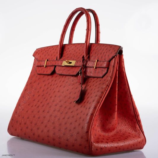 Hermes Birkin 40 Rouge Vif Ostrich with Gold Hardware - 1993, W Circle