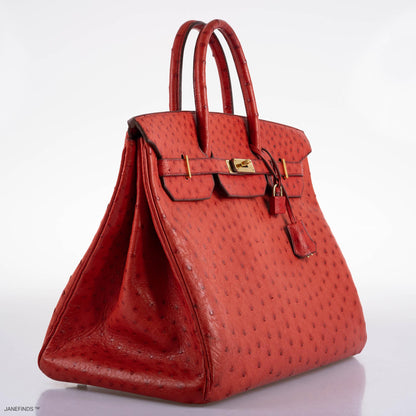 Hermes Birkin 40 Rouge Vif Ostrich with Gold Hardware - 1993, W Circle