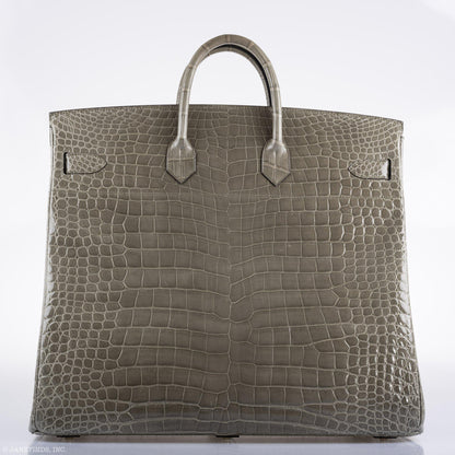 Hermes Birkin 50 HAC Gris Tourterelle Shiny Porosus Crocodile Palladium Hardware