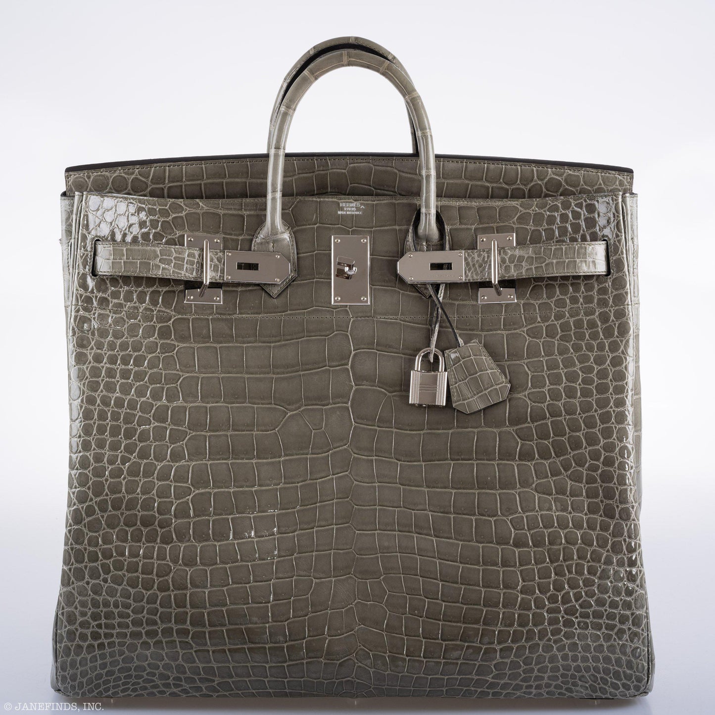 Hermes Birkin 50 HAC Gris Tourterelle Shiny Porosus Crocodile Palladium Hardware