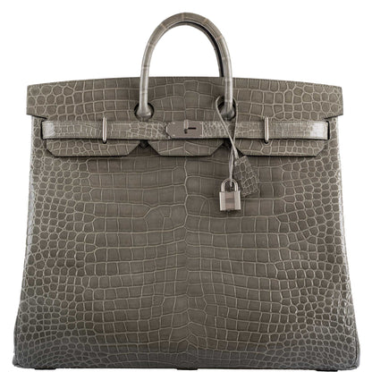 Hermes Birkin 50 HAC Gris Tourterelle Shiny Porosus Crocodile Palladium Hardware