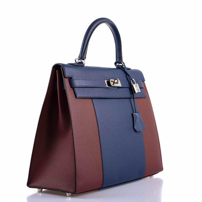 Hermes Flag Kelly 35 Sellier Blue Saphir & Rouge H Epsom Palladium Hardware - 2014, R Square