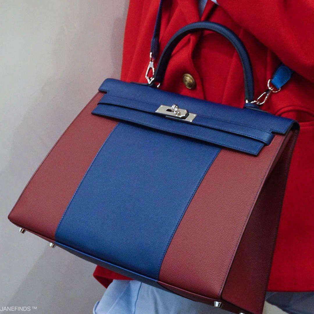 Hermes Flag Kelly 35 Sellier Blue Saphir & Rouge H Epsom Palladium Hardware - 2014, R Square