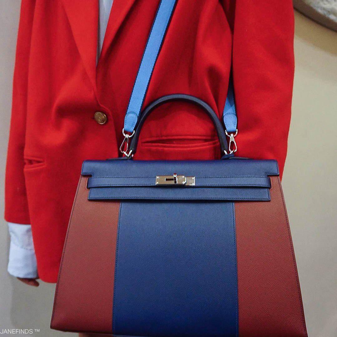 Hermes Flag Kelly 35 Sellier Blue Saphir & Rouge H Epsom Palladium Hardware - 2014, R Square