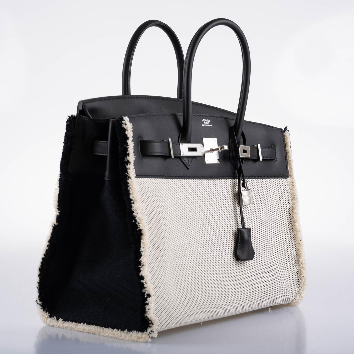 Hermes Fray Fray Birkin 35 Black Swift & Toile H with Palladium Hardware - 2021, Z