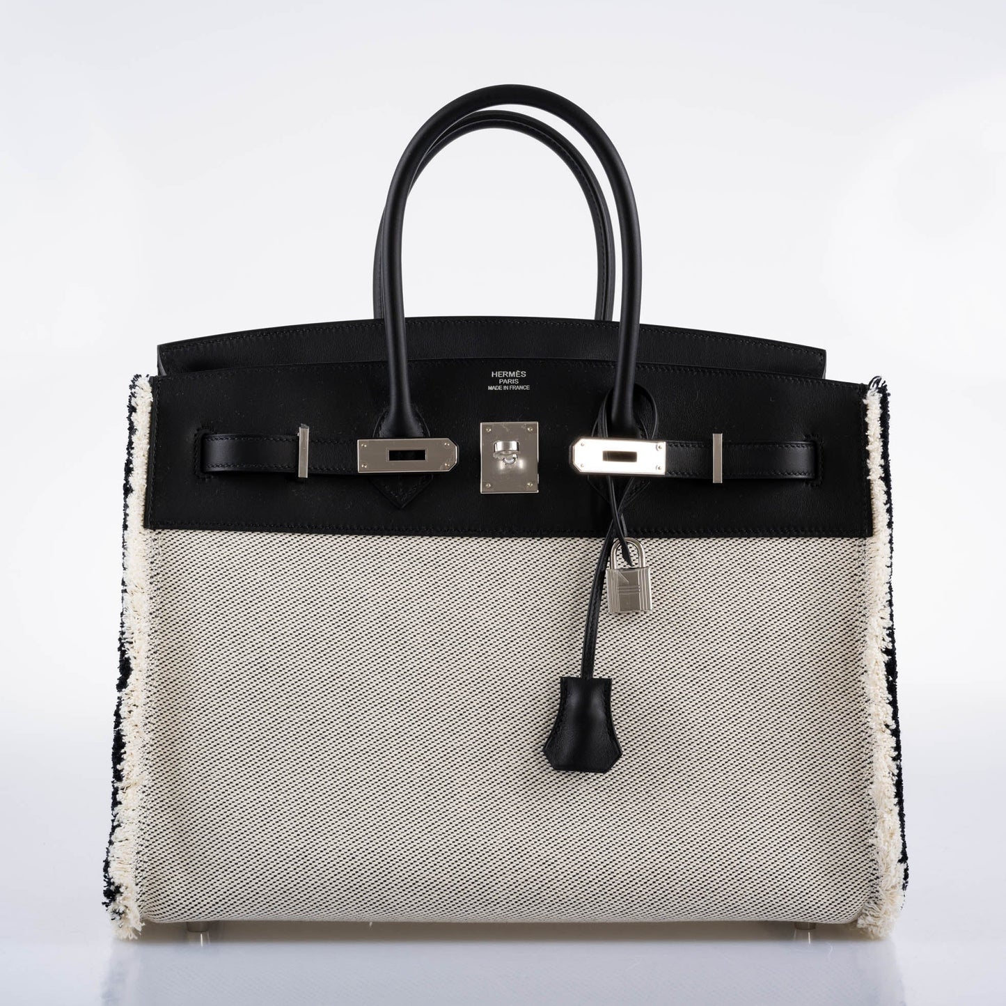 Hermes Fray Fray Birkin 35 Black Swift & Toile H with Palladium Hardware - 2021, Z