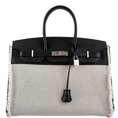 Hermes Fray Fray Birkin 35 Black Swift & Toile H with Palladium Hardware - 2021, Z