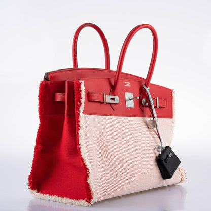 Hermes Fray Fray Birkin 35 Rouge de Cour Swift & Toile H with Palladium Hardware - 2021, Z