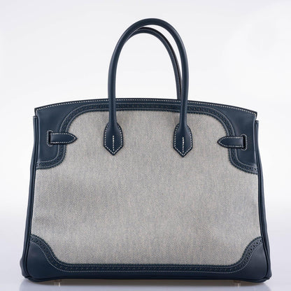 Hermes Ghillies Birkin 35 Blue de Prusse Swift & Toile with Palladium Hardware - 2014, R Square