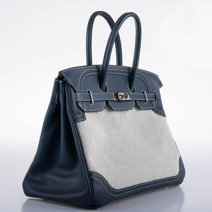 Hermes Ghillies Birkin 35 Blue de Prusse Swift & Toile with Palladium Hardware - 2014, R Square