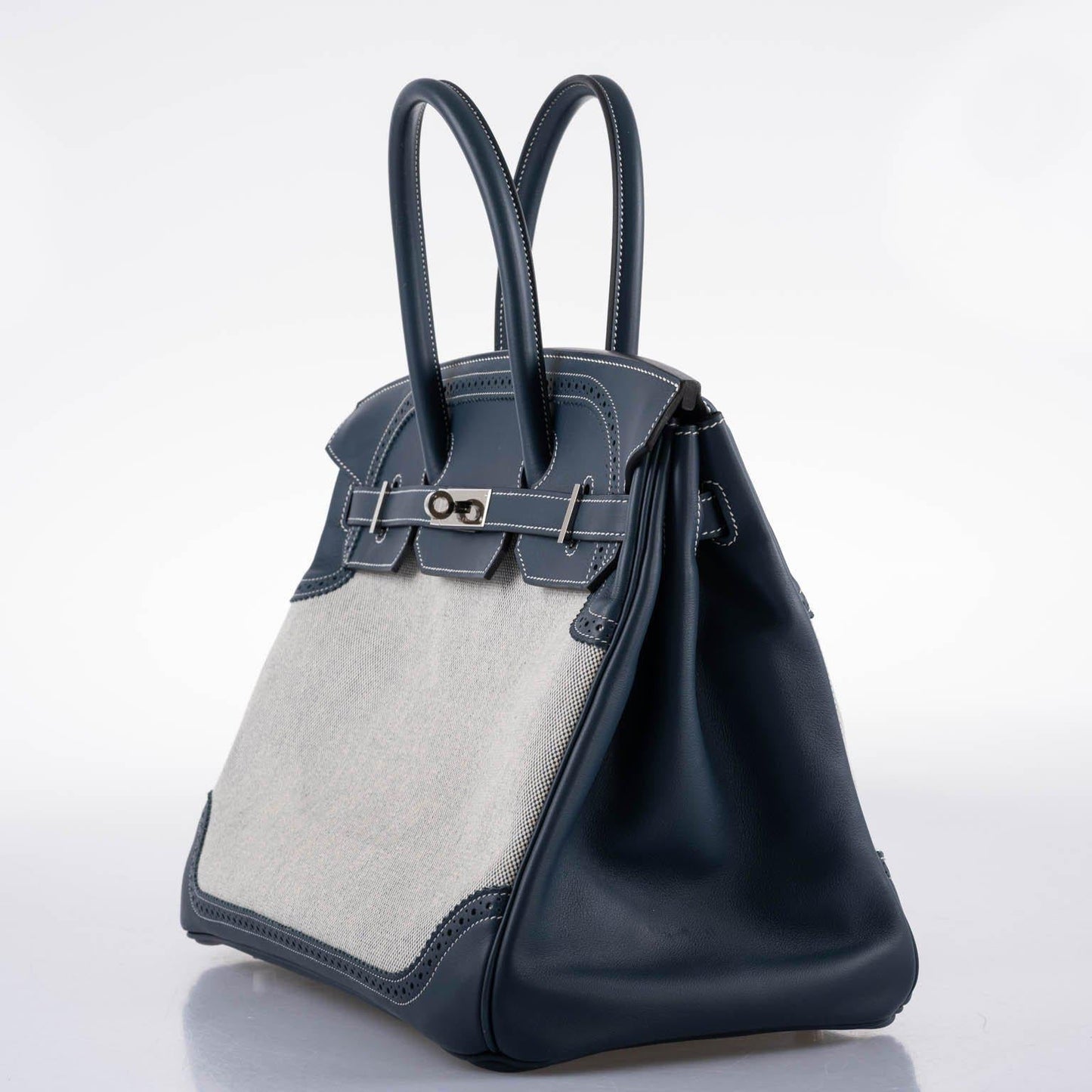 Hermes Ghillies Birkin 35 Blue de Prusse Swift & Toile with Palladium Hardware - 2014, R Square