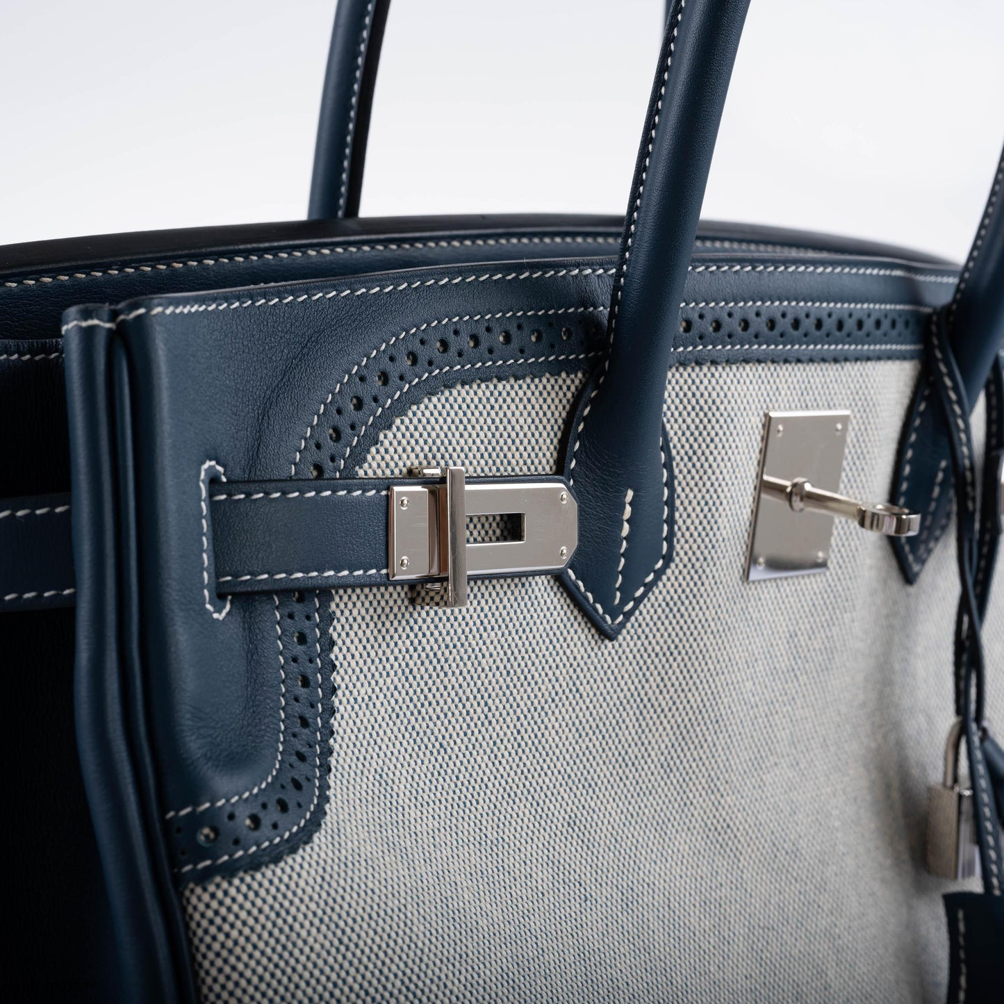 Hermes Ghillies Birkin 35 Blue de Prusse Swift & Toile with Palladium Hardware - 2014, R Square