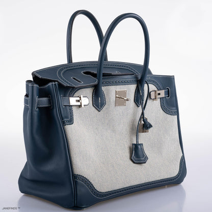 Hermes Ghillies Birkin 35 Blue de Prusse Swift & Toile with Palladium Hardware - 2014, R Square