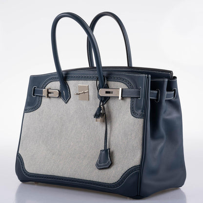 Hermes Ghillies Birkin 35 Blue de Prusse Swift & Toile with Palladium Hardware - 2014, R Square