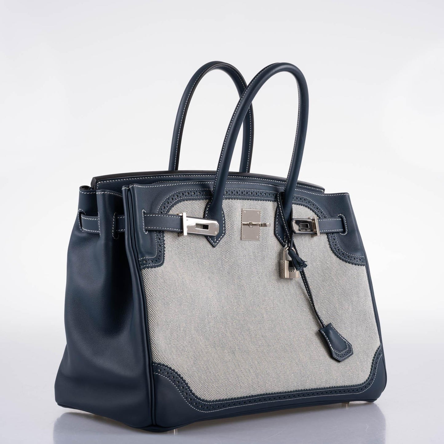 Hermes Ghillies Birkin 35 Blue de Prusse Swift & Toile with Palladium Hardware - 2014, R Square