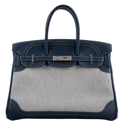 Hermes Ghillies Birkin 35 Blue de Prusse Swift & Toile with Palladium Hardware - 2014, R Square