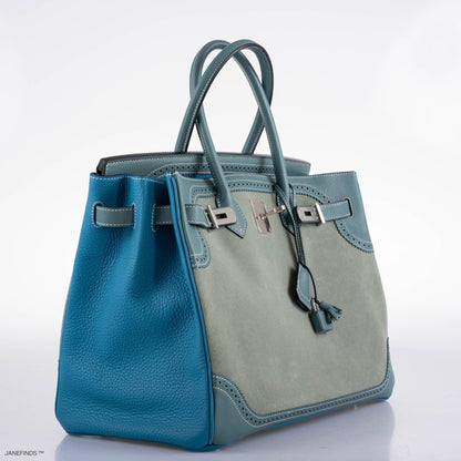 Hermes Ghillies Birkin 35 Ciel Doblis, Turquoise Togo & Blue Jean Swift with Palladium Hardware - 2015, T