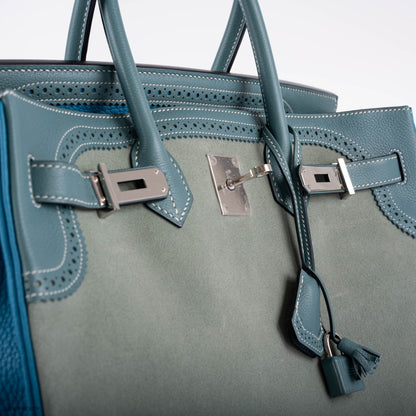 Hermes Ghillies Birkin 35 Ciel Doblis, Turquoise Togo & Blue Jean Swift with Palladium Hardware - 2015, T