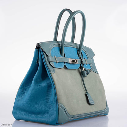 Hermes Ghillies Birkin 35 Ciel Doblis, Turquoise Togo & Blue Jean Swift with Palladium Hardware - 2015, T