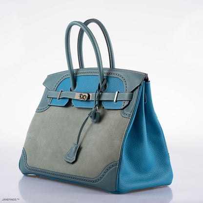 Hermes Ghillies Birkin 35 Ciel Doblis, Turquoise Togo & Blue Jean Swift with Palladium Hardware - 2015, T