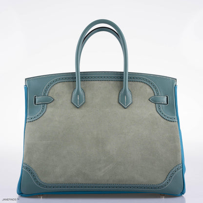 Hermes Ghillies Birkin 35 Ciel Doblis, Turquoise Togo & Blue Jean Swift with Palladium Hardware - 2015, T