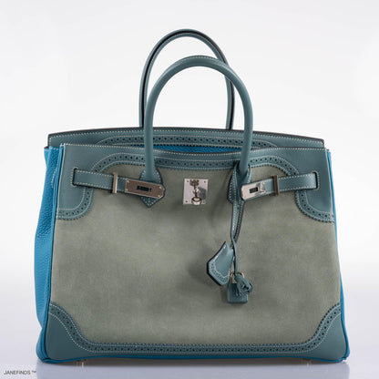 Hermes Ghillies Birkin 35 Ciel Doblis, Turquoise Togo & Blue Jean Swift with Palladium Hardware - 2015, T