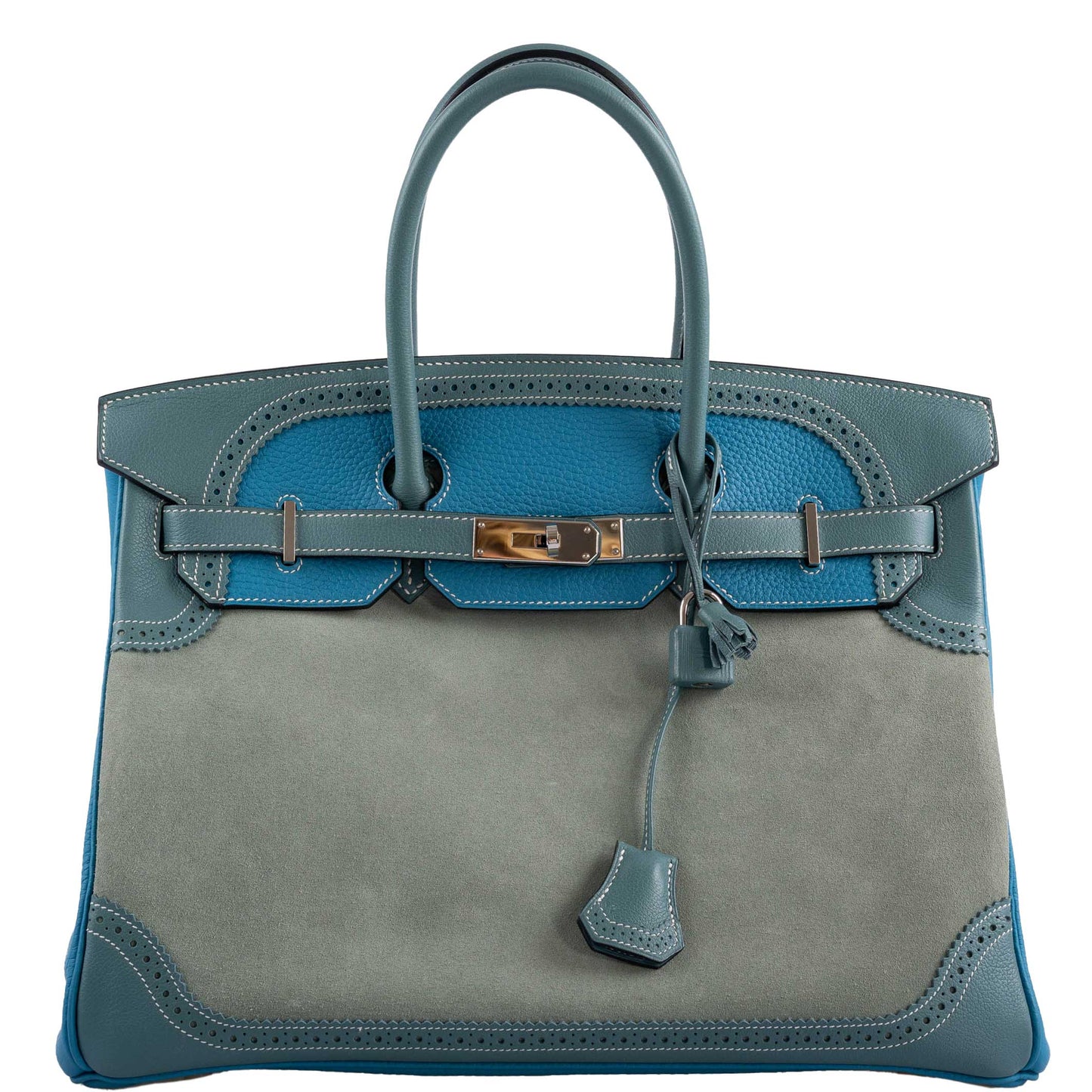 Hermes Ghillies Birkin 35 Ciel Doblis, Turquoise Togo & Blue Jean Swift with Palladium Hardware - 2015, T