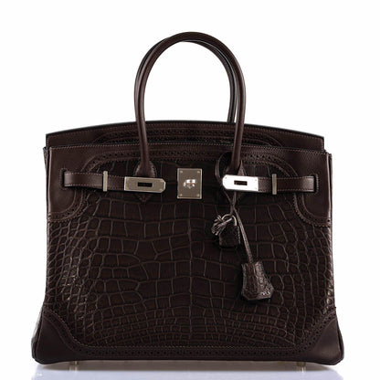 Hermes Ghillies Birkin 35 Matte Ebene Alligator & Swift with Palladium Hardware - 2016, X