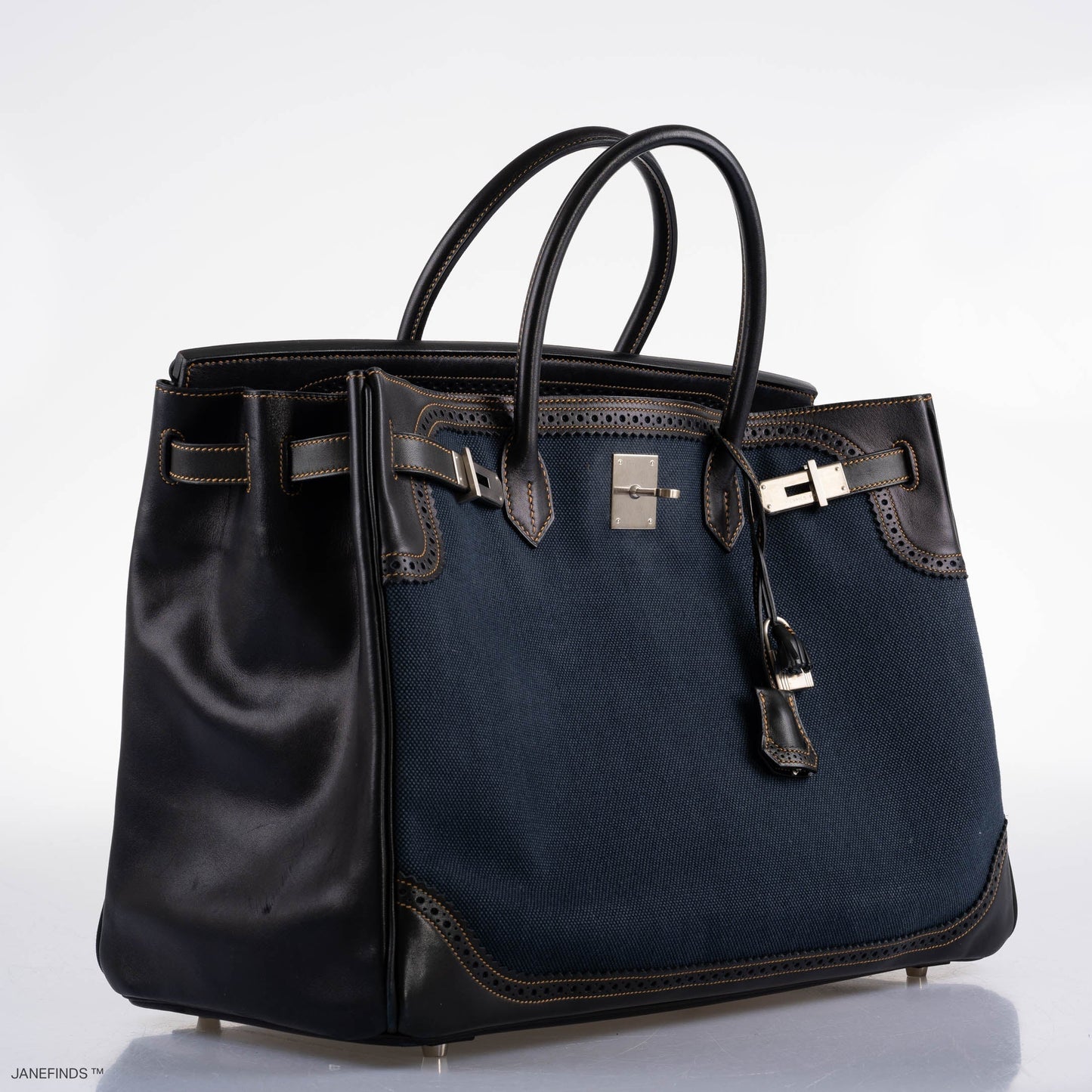 Hermes Ghillies Birkin 40 Indigo Denim & Black Evercalf with Brushed Palladium Hardware - 2013, Q Square