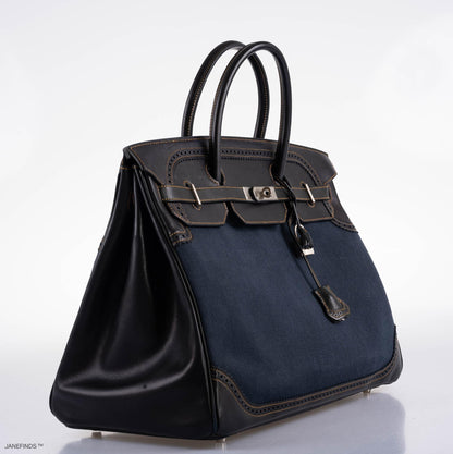 Hermes Ghillies Birkin 40 Indigo Denim & Black Evercalf with Brushed Palladium Hardware - 2013, Q Square