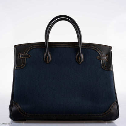 Hermes Ghillies Birkin 40 Indigo Denim & Black Evercalf with Brushed Palladium Hardware - 2013, Q Square