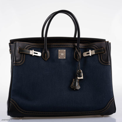 Hermes Ghillies Birkin 40 Indigo Denim & Black Evercalf with Brushed Palladium Hardware - 2013, Q Square