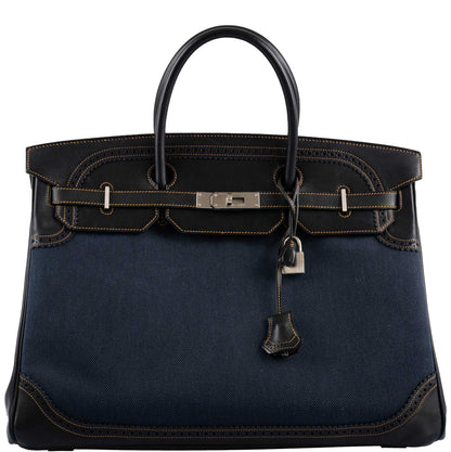 Hermes Ghillies Birkin 40 Indigo Denim & Black Evercalf with Brushed Palladium Hardware - 2013, Q Square