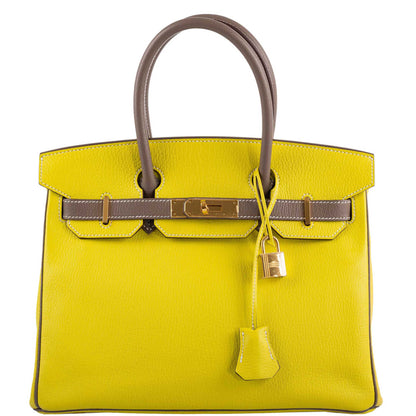 Hermes HSS Birkin 30 Lime & Etoupe Chevre with Gold Hardware - 2013, Q Square