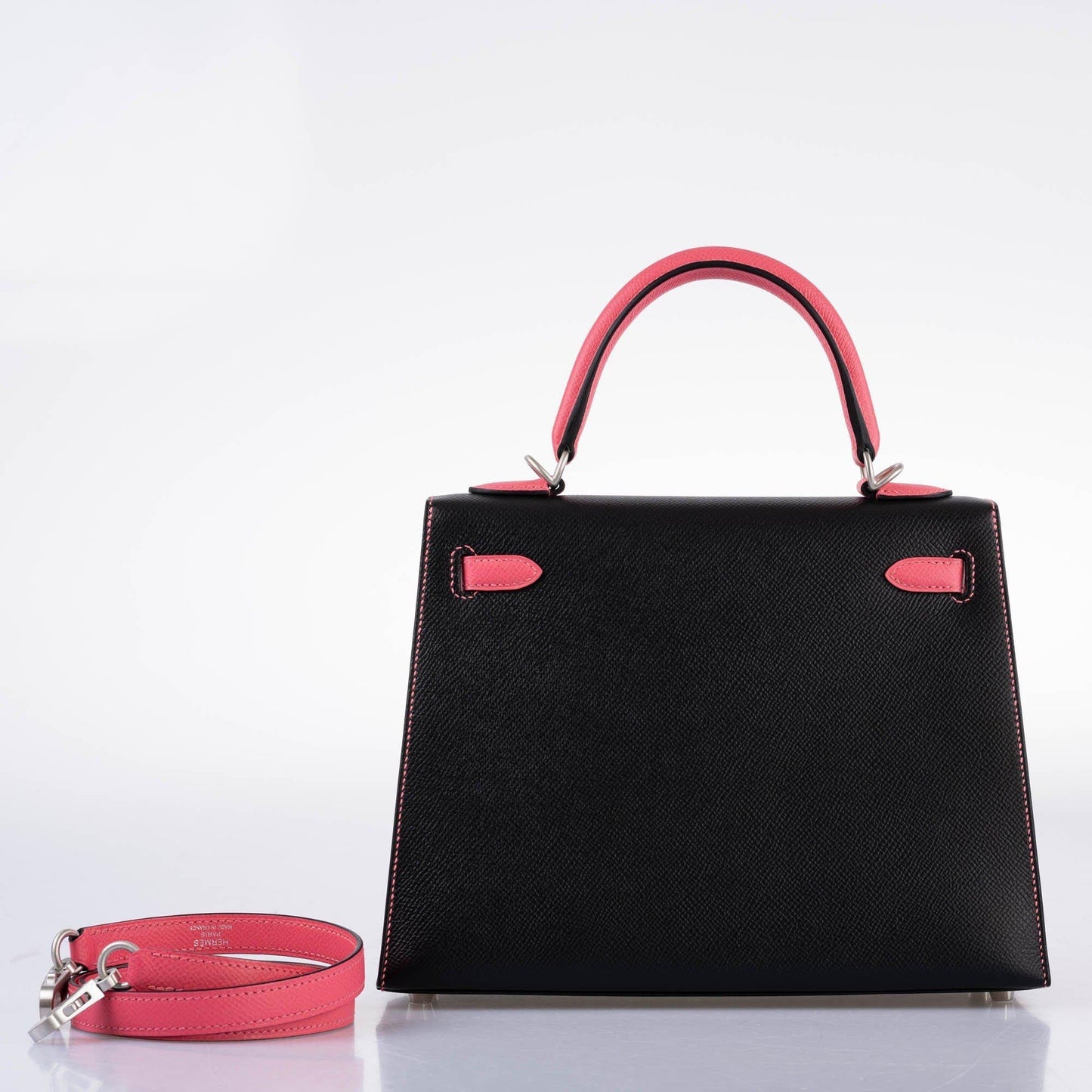 Hermes HSS Kelly 25 Sellier Rose Azalee & Black Epsom with Brushed Palladium Hardware - 2019, D