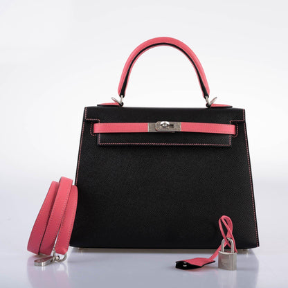 Hermes HSS Kelly 25 Sellier Rose Azalee & Black Epsom with Brushed Palladium Hardware - 2019, D