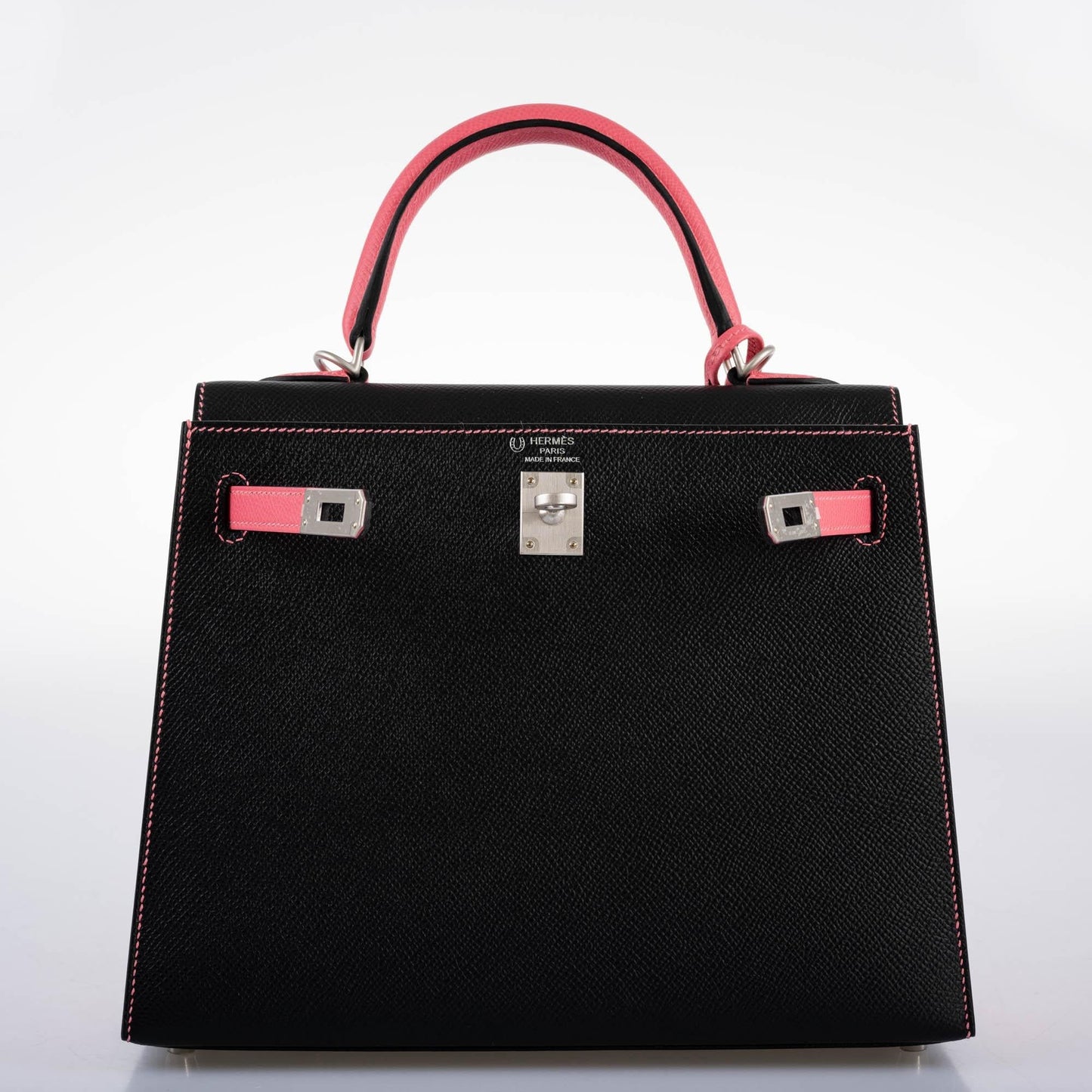 Hermes HSS Kelly 25 Sellier Rose Azalee & Black Epsom with Brushed Palladium Hardware - 2019, D