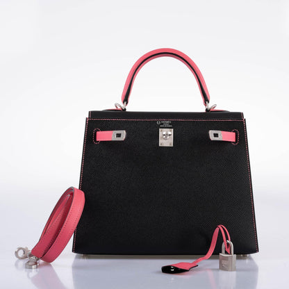 Hermes HSS Kelly 25 Sellier Rose Azalee & Black Epsom with Brushed Palladium Hardware - 2019, D