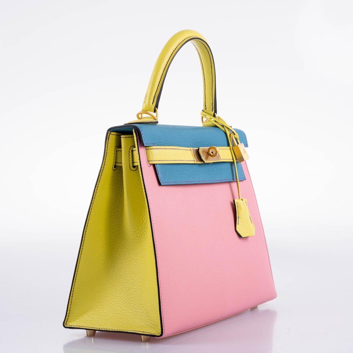 Hermes HSS Kelly 28 Sellier Tri-Color Rose Confetti, Lime & Blue Aztec Chevre with Brushed Gold Hardware - 2019, D