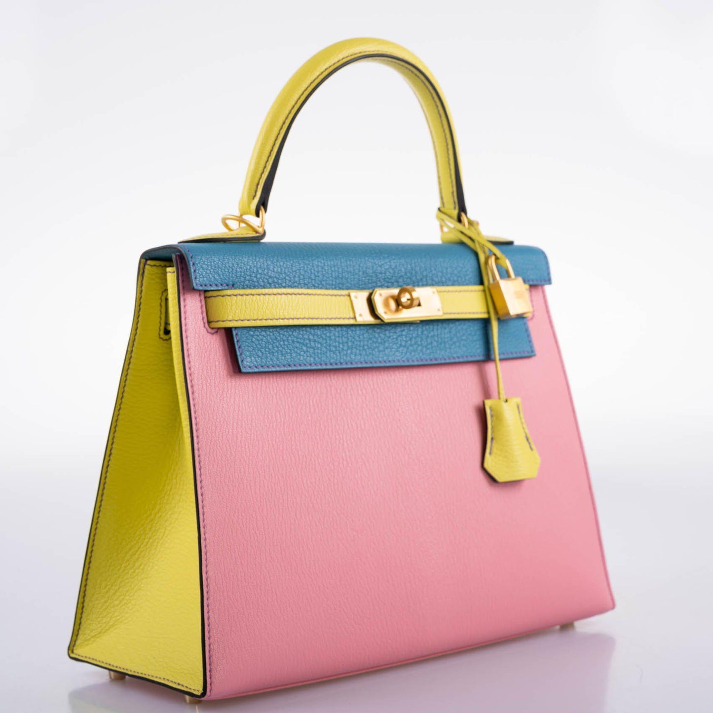 Hermes HSS Kelly 28 Sellier Tri-Color Rose Confetti, Lime & Blue Aztec Chevre with Brushed Gold Hardware - 2019, D